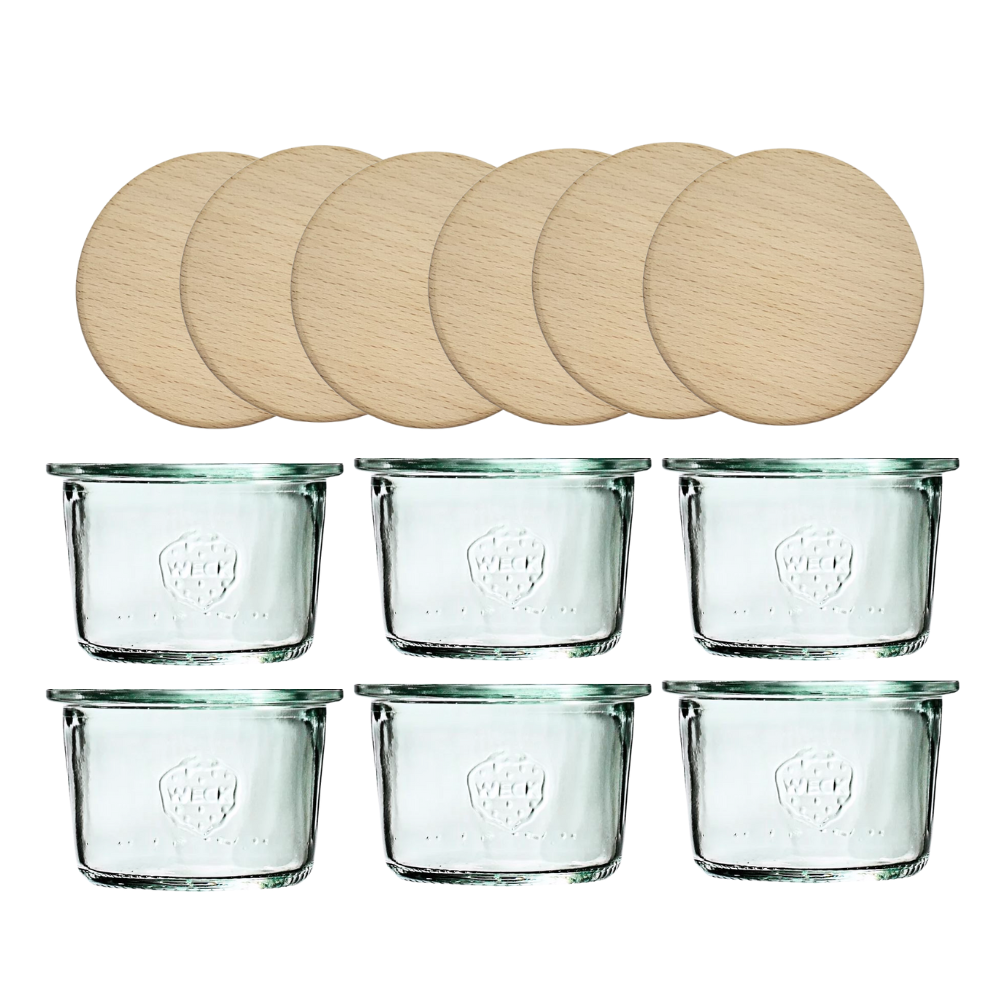Słoiki Weck 80ml przetwory MOLD żaroodporne drewniane wieka 6szt SOLIDNE