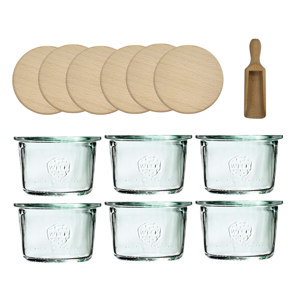 Słoiki Weck 80ml przetwory MOLD żaroodporne drewniane wieka 6szt miarka