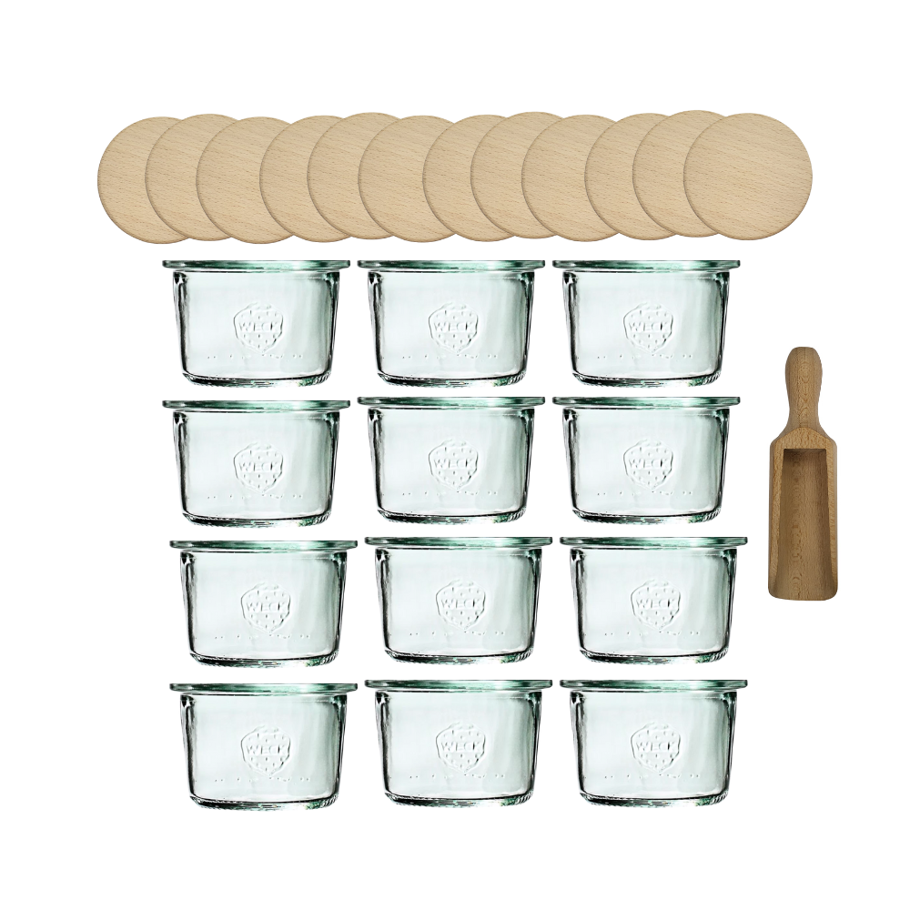 Słoiki Weck 80ml przetwory MOLD żaroodporne drewniane wieka 12szt miarka