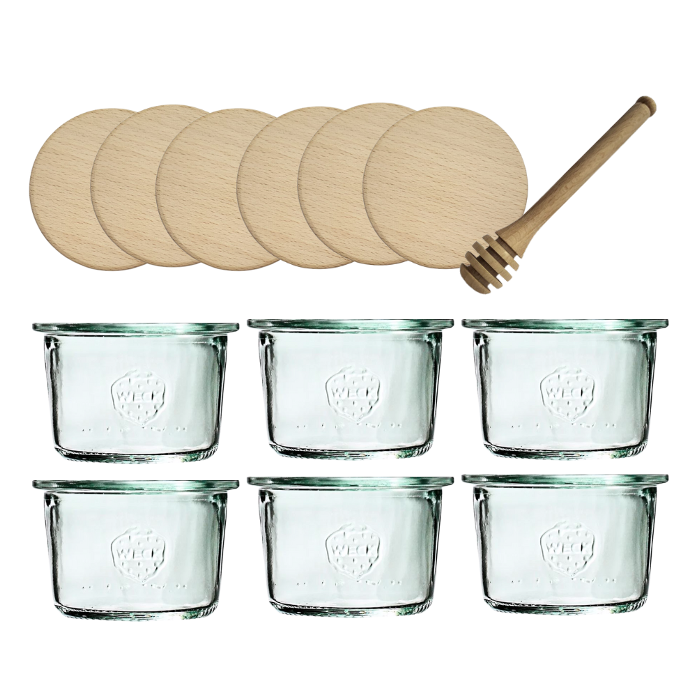 Słoiki Weck 80ml przetwory MOLD żaroodporne drewniane wieka 6szt nabierak