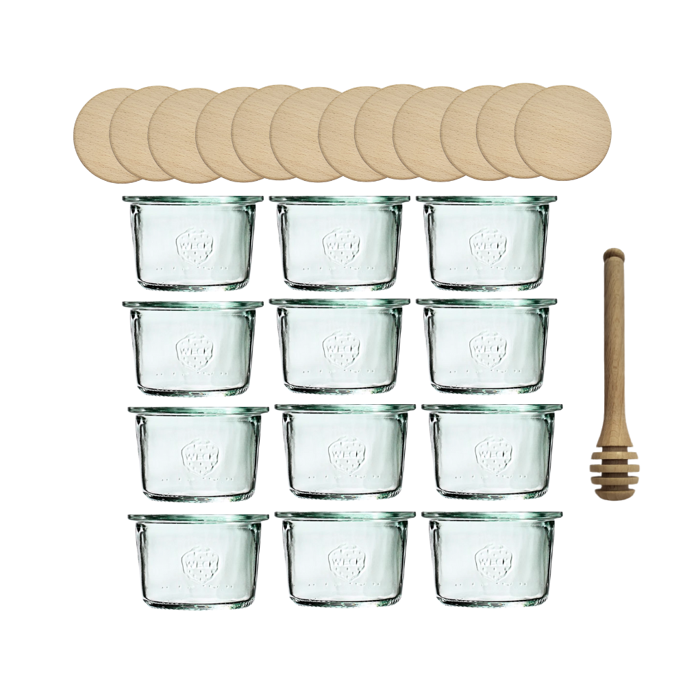 Słoiki Weck 80ml przetwory MOLD żaroodporne drewniane wieka 12szt nabierak