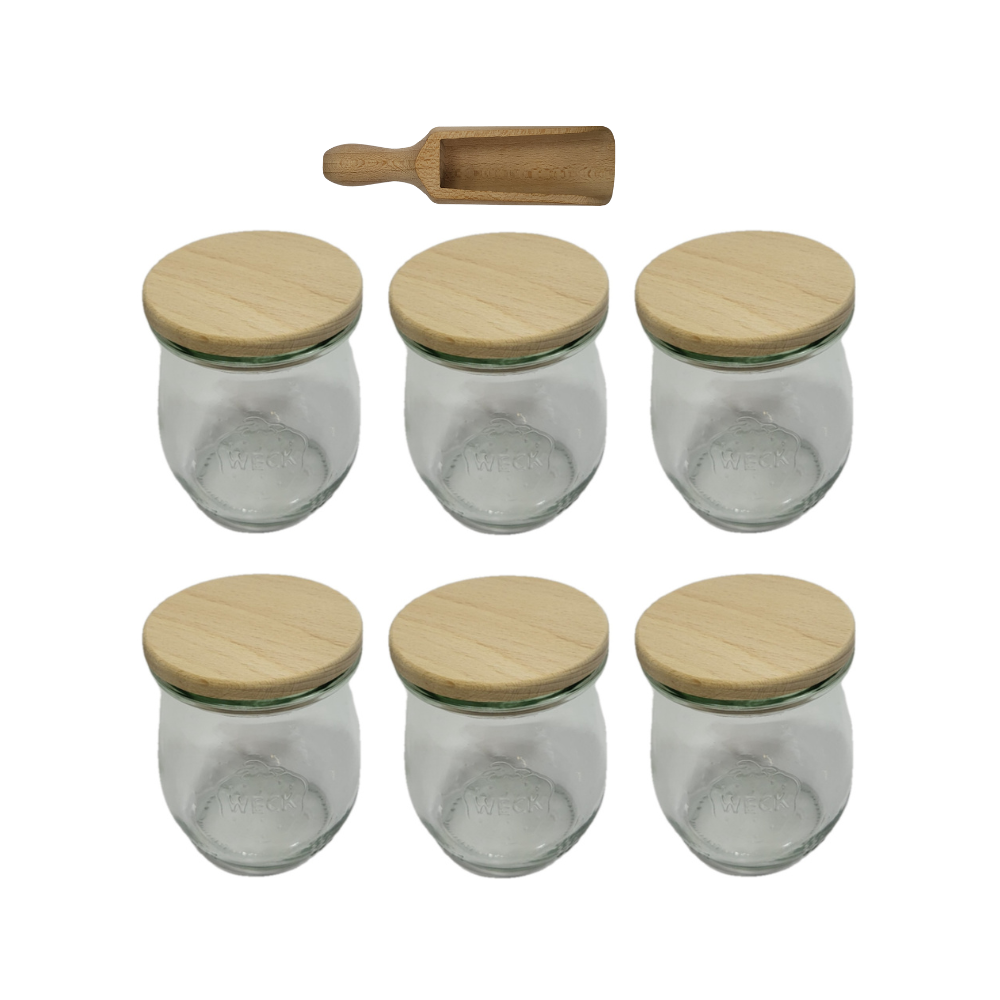 Słoiki Weck 220ml przetwory TULIP żaroodporne drewniane wieka 6szt miarka