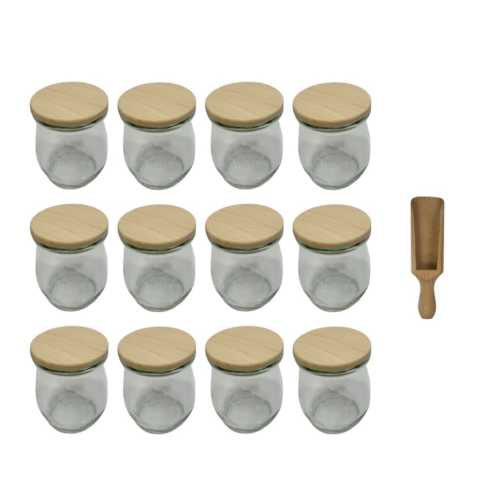 Słoiki Weck 220ml przetwory TULIP żaroodporne drewniane wieka 12szt miarka