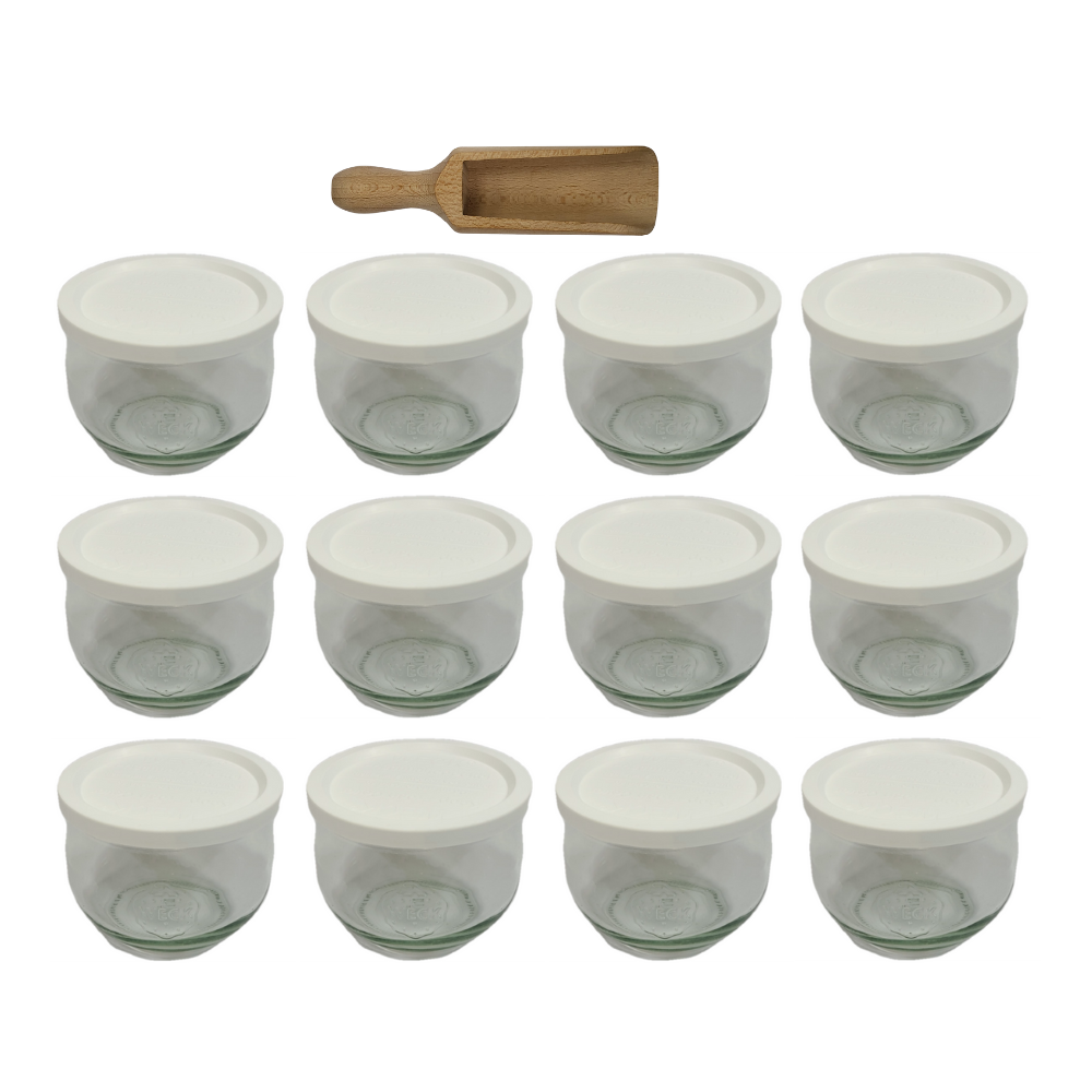 Słoiki Weck 370ml przetwory TULIP żaroodporne plastikowe wieka MIARKA 12szt