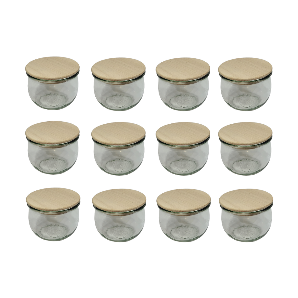Słoiki Weck 370ml przetwory TULIP żaroodporne drewniane wieka 12szt SOLIDNE