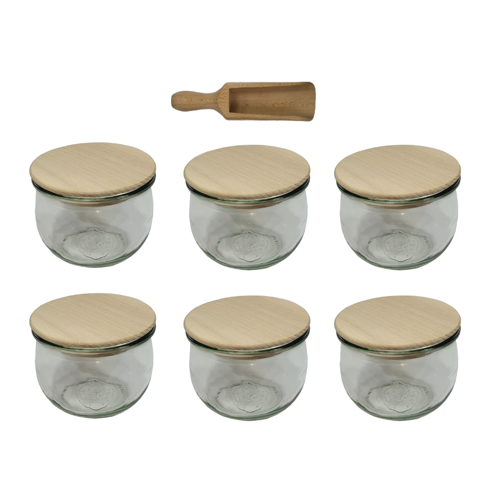 Słoiki Weck 370ml przetwory TULIP żaroodporne drewniane wieka 6szt miarka