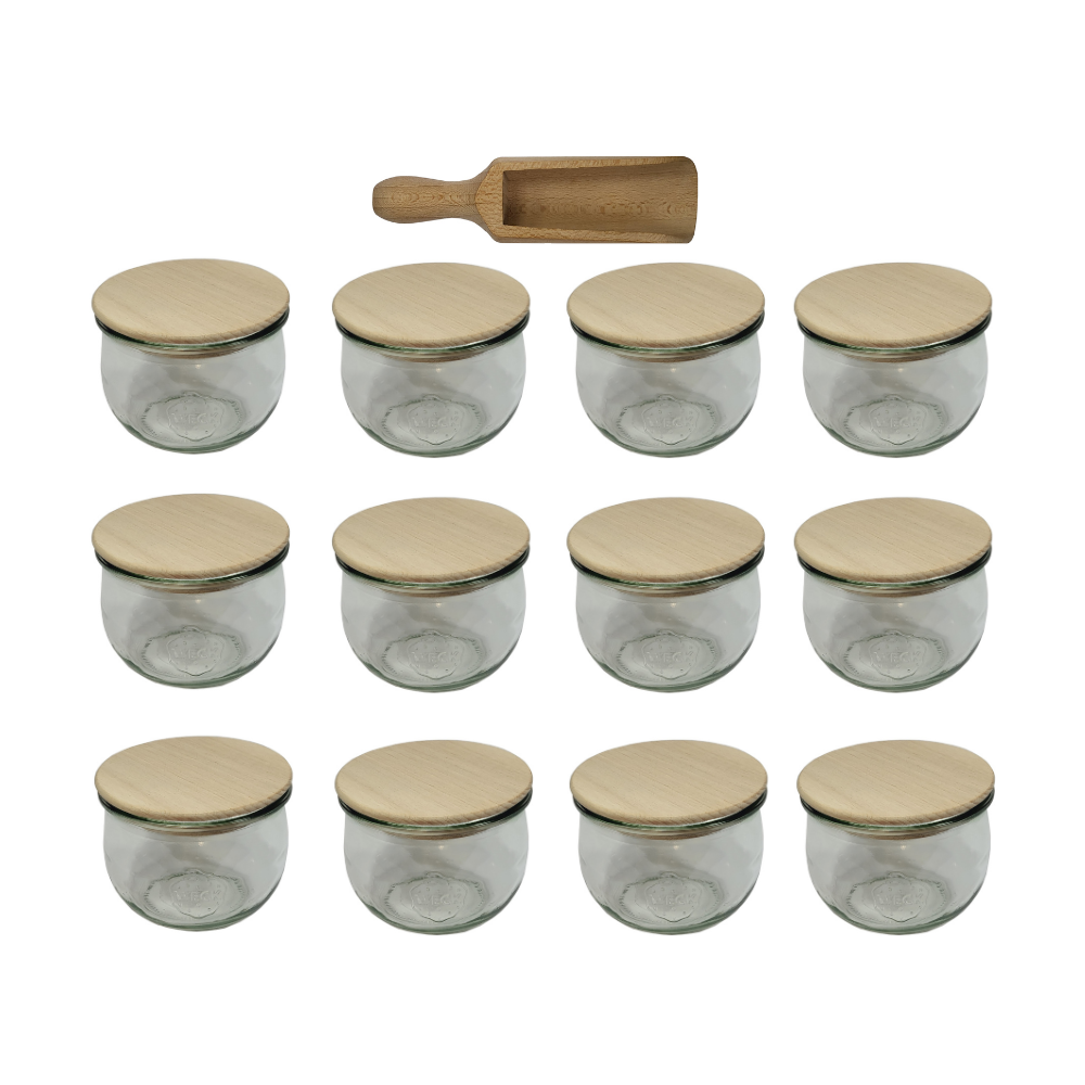 Słoiki Weck 370ml przetwory TULIP żaroodporne drewniane wieka 12szt miarka
