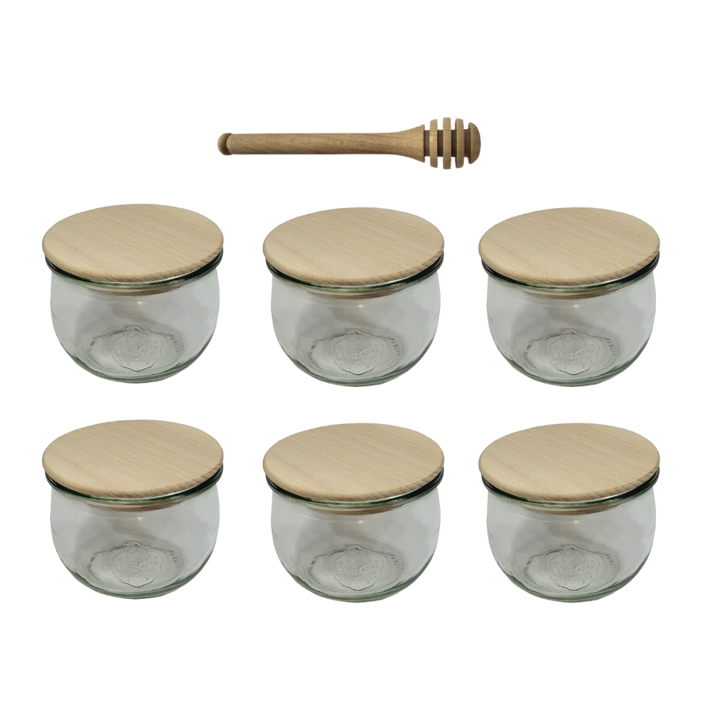 Słoiki Weck 370ml przetwory TULIP żaroodporne drewniane wieka 6szt nabierak