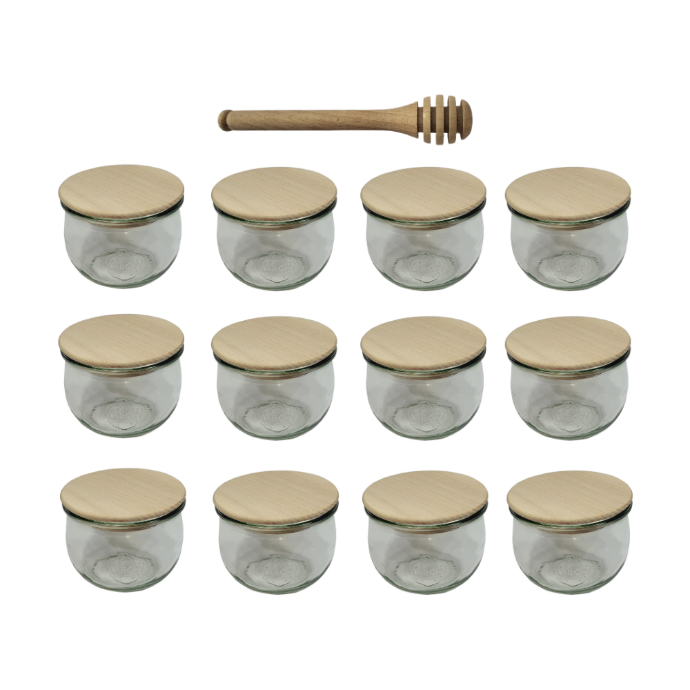 Słoiki Weck 370ml przetwory TULIP żaroodporne drewniane wieka 12szt nabierak