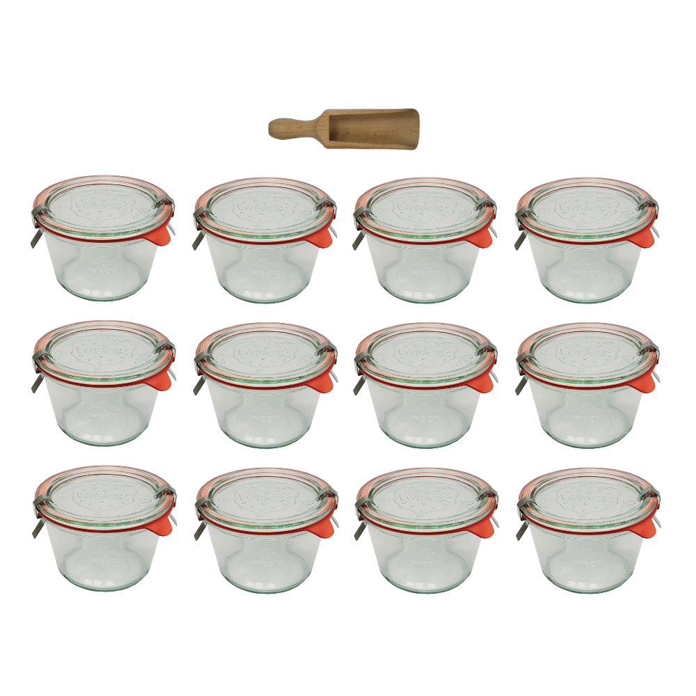 Słoiki Weck 370ml przetwory MOLD żaroodporne miara spinki wieko gumka 12szt