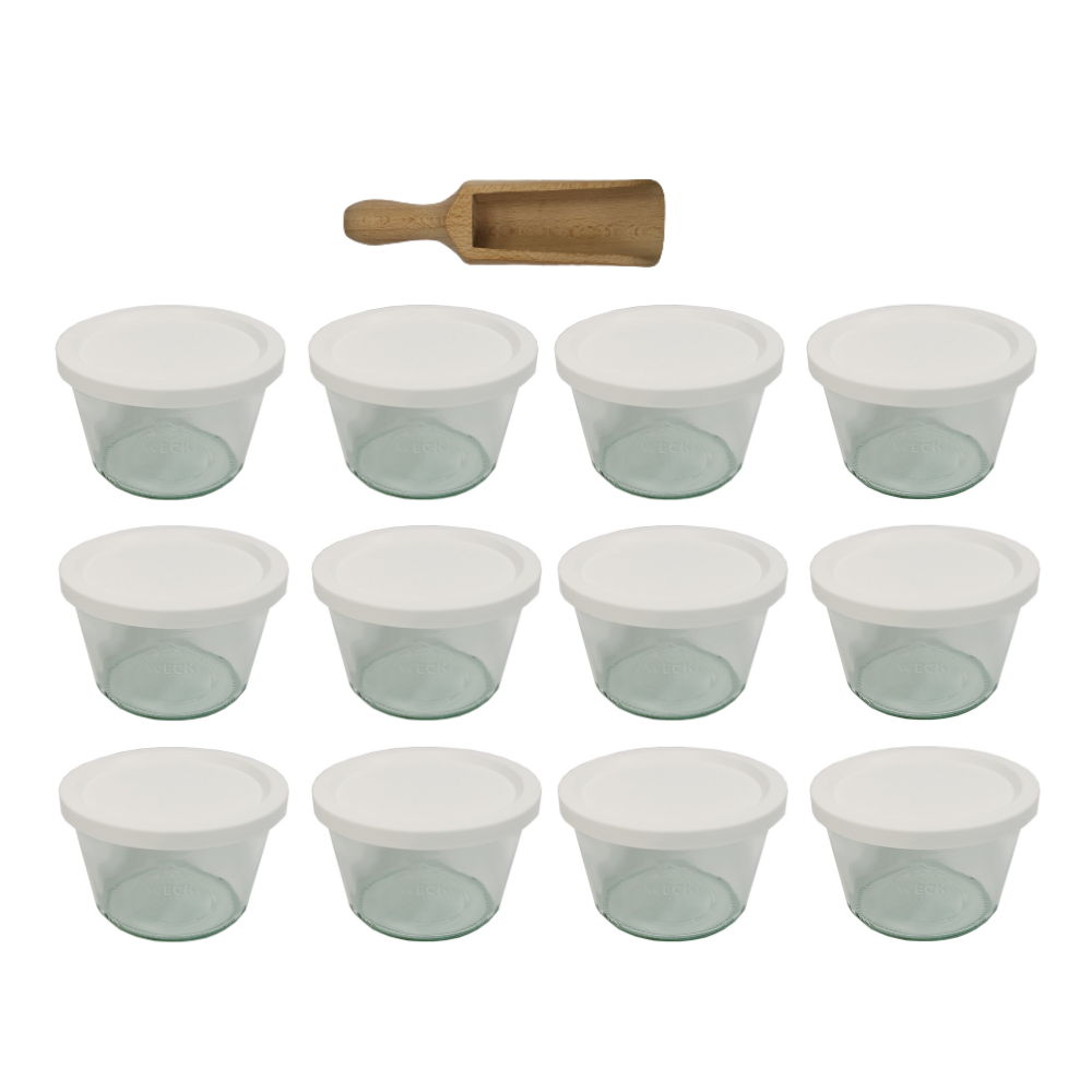 Słoiki Weck 370ml przetwory MOLD żaroodporne plastikowe wieka MIARKA 12szt