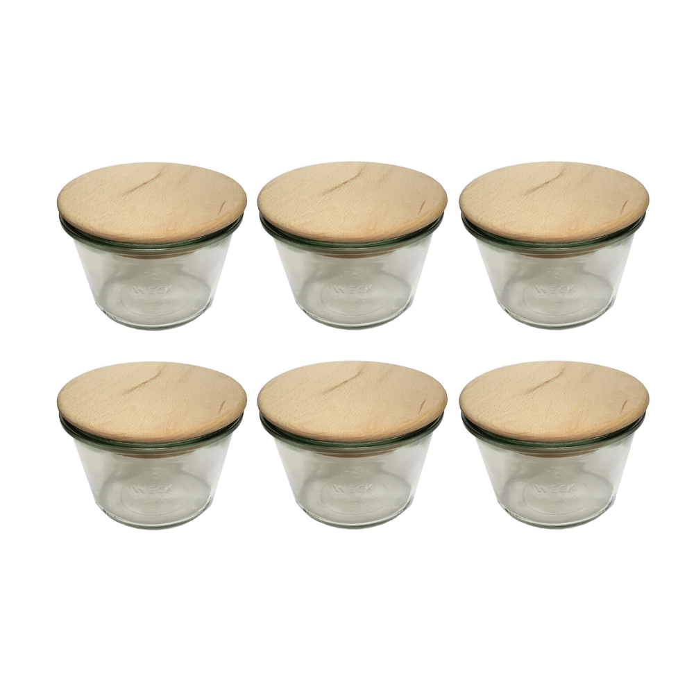 Słoiki Weck 370ml przetwory MOLD żaroodporne drewniane wieka 6szt SOLIDNE