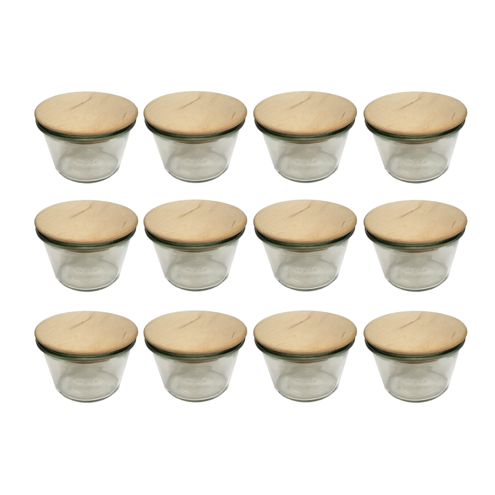 Słoiki Weck 370ml przetwory MOLD żaroodporne drewniane wieka 12szt SOLIDNE