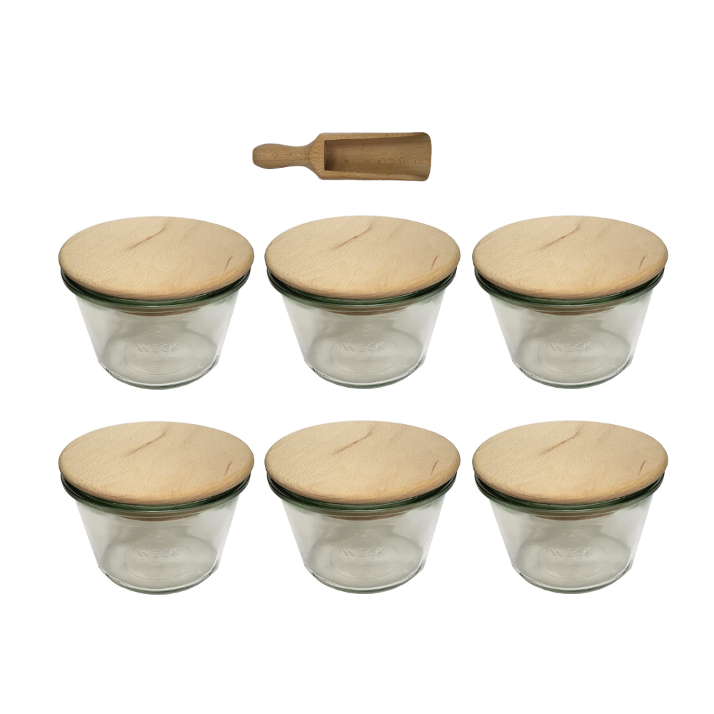 Słoiki Weck 370ml przetwory MOLD żaroodporne drewniane wieka 6szt miarka