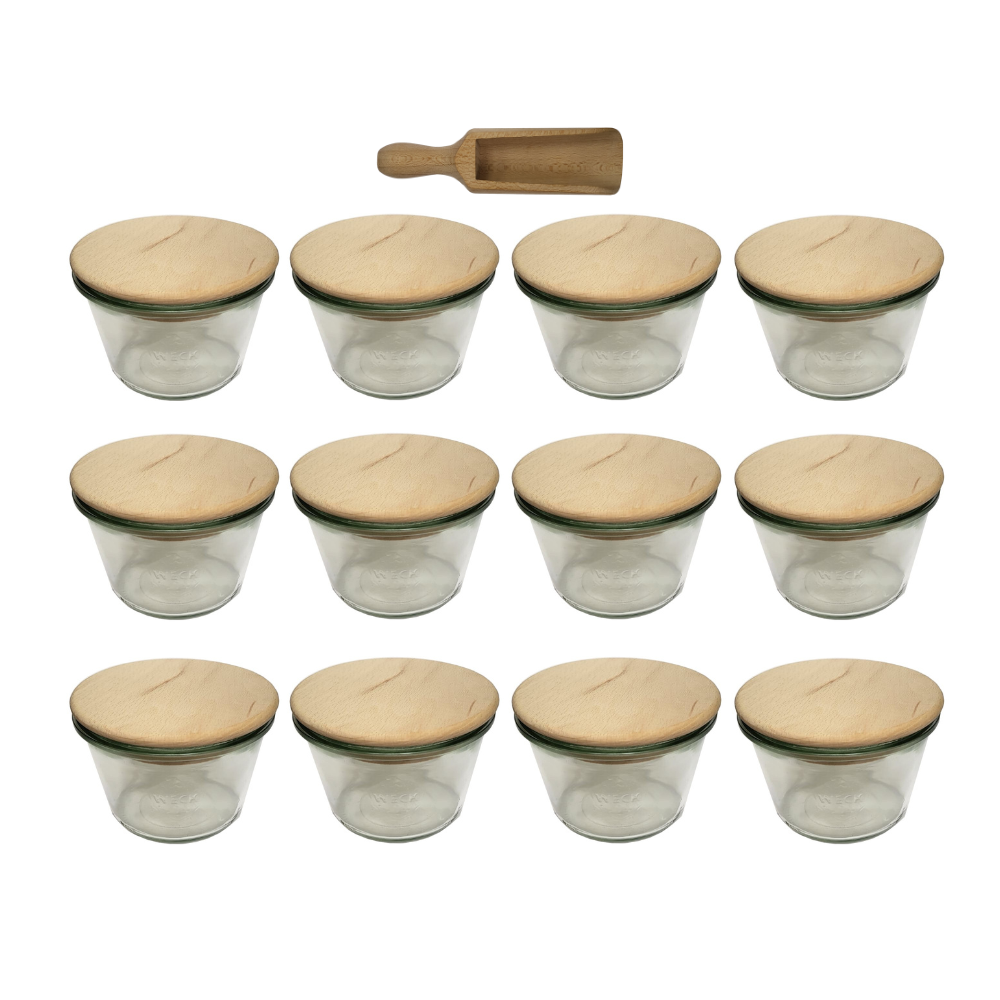 Słoiki Weck 370ml przetwory MOLD żaroodporne drewniane wieka 12szt miarka