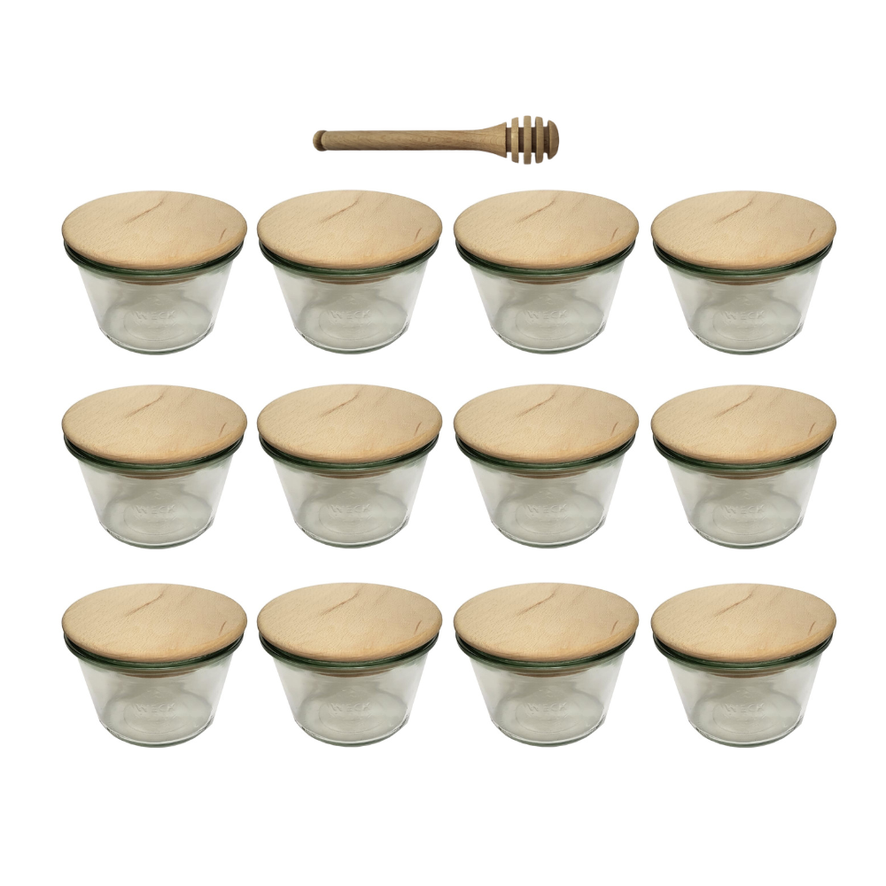 Słoiki Weck 370ml przetwory MOLD żaroodporne drewniane wieka 12szt nabierak