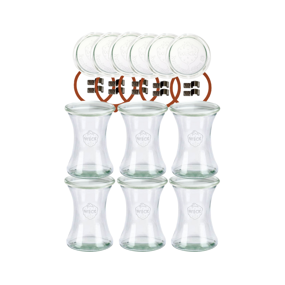 Słoiki Weck 370ml pucharek DELI żaroodporne dżem zapinki wieko gumka 6szt