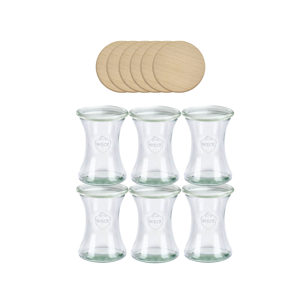 Słoiki Weck 370ml pucharek DELI żaroodporne drewniane wieka 6szt SOLIDNE