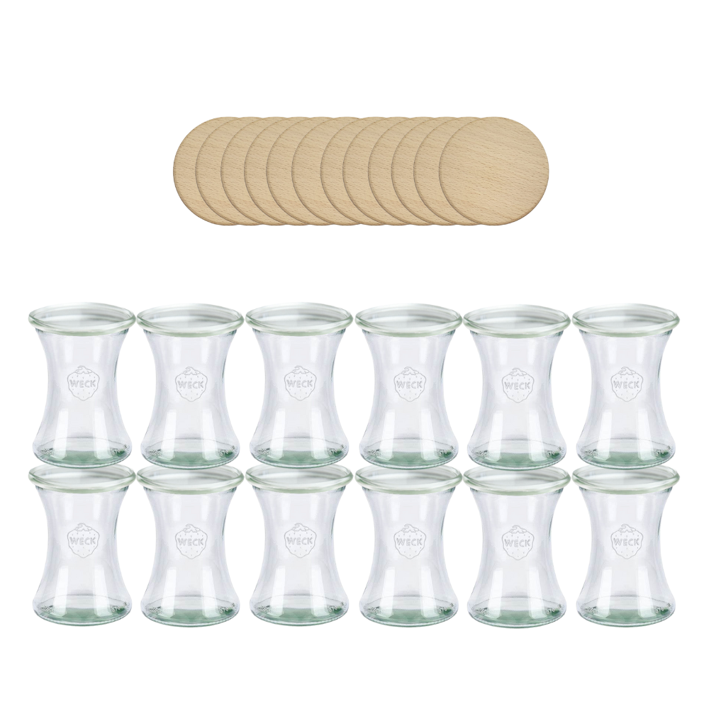Słoiki Weck 370ml pucharek DELI żaroodporne drewniane wieka 12szt SOLIDNE