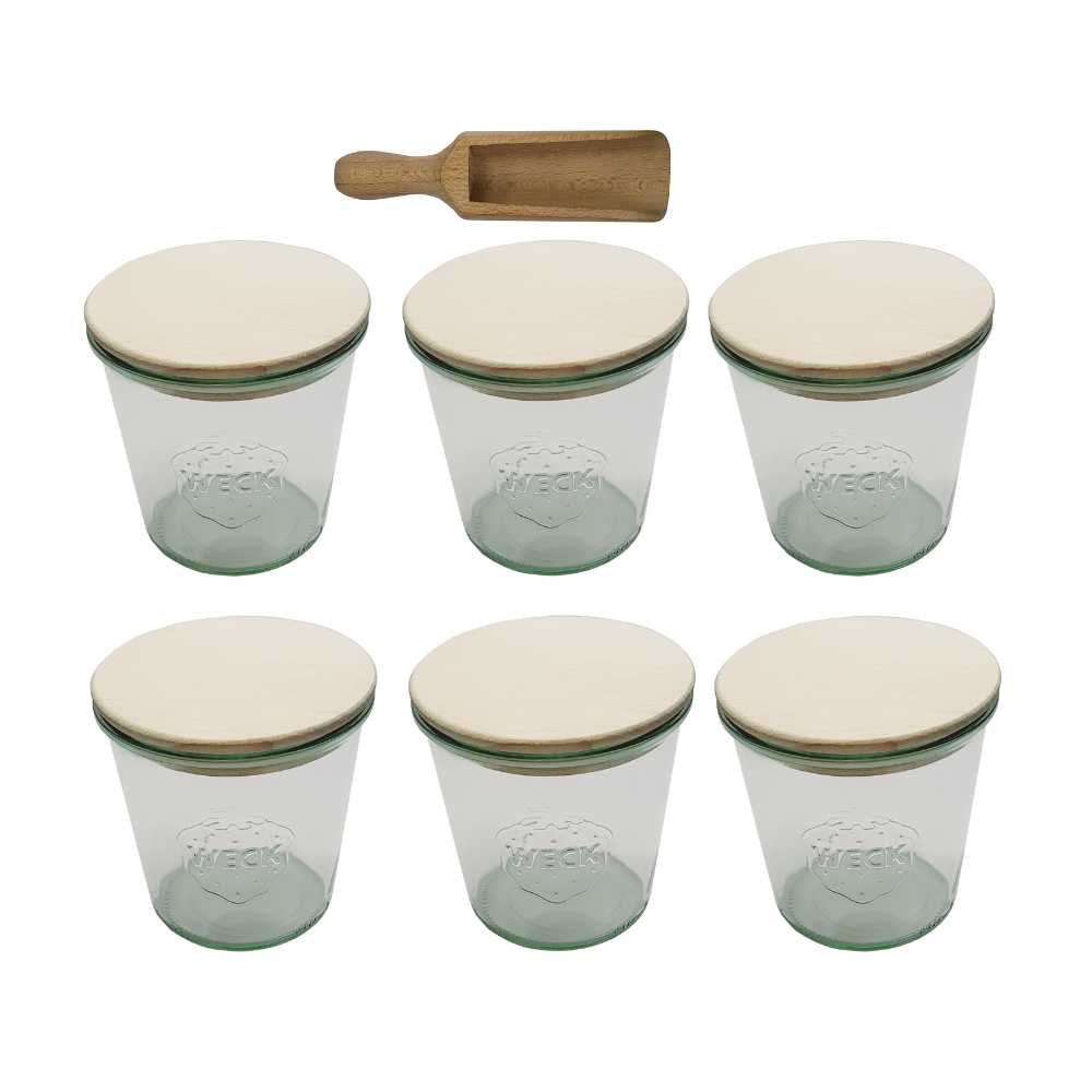 Słoiki Weck 580ml przetwory MOLD żaroodporne drewniane wieka 6szt miarka