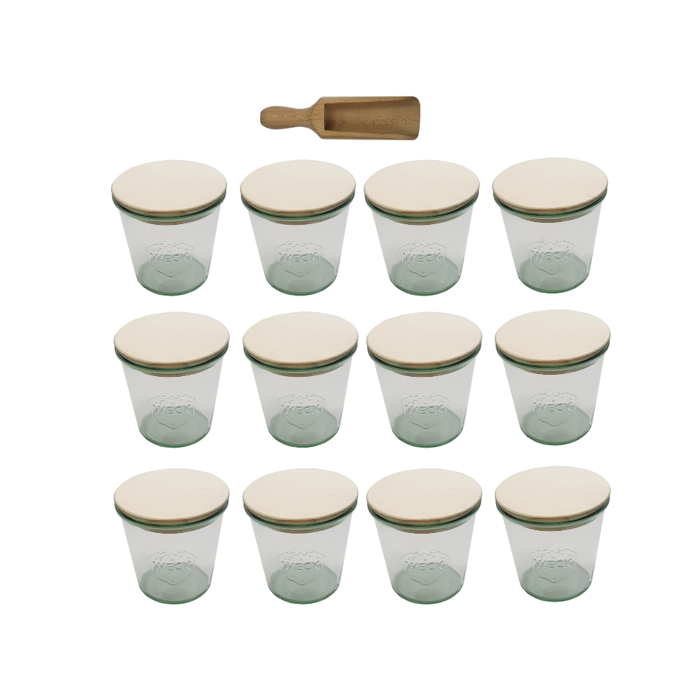 Słoiki Weck 580ml przetwory MOLD żaroodporne drewniane wieka 12szt miarka