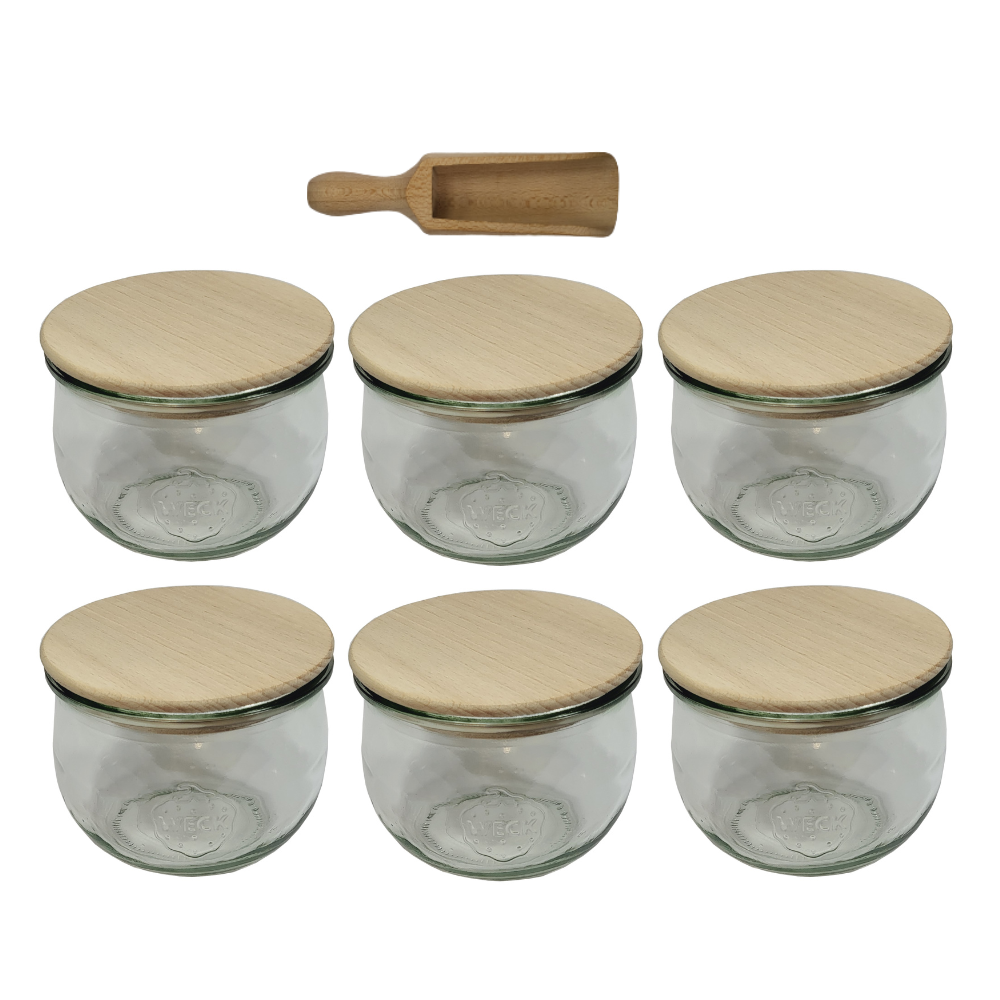 Słoiki Weck 580ml 0,5L słoik TULIP żaroodporne drewniane wieka 6szt miarka