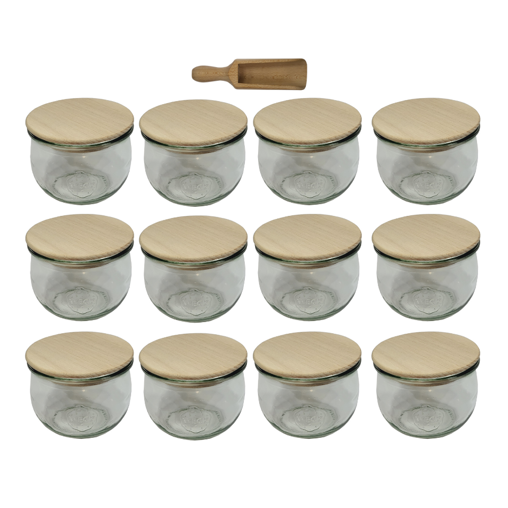 Słoiki Weck 580ml 0,5L słoik TULIP żaroodporne drewniane wieka 12szt miarka