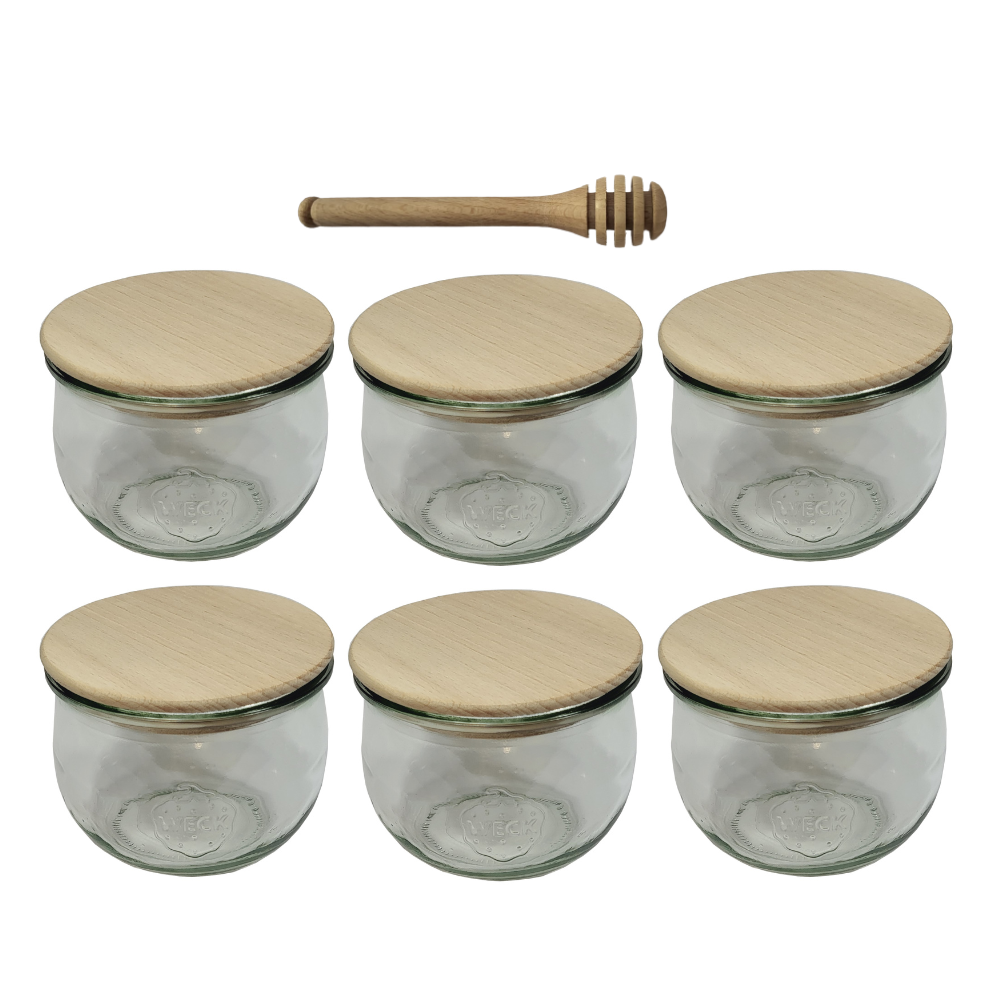Słoiki Weck 580ml 0,5L TULIP żaroodporne drewniane wieka 6szt nabierak