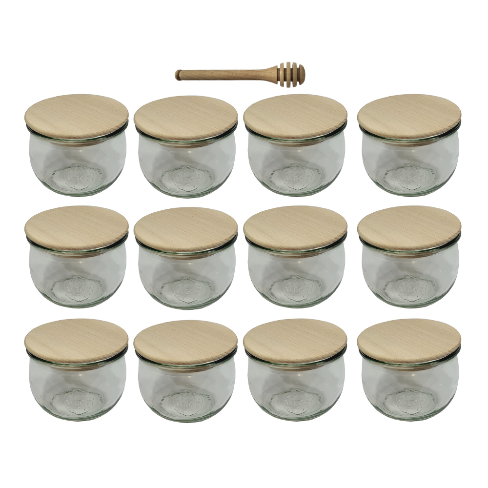 Słoiki Weck 580ml 0,5L TULIP żaroodporne drewniane wieka 12szt nabierak