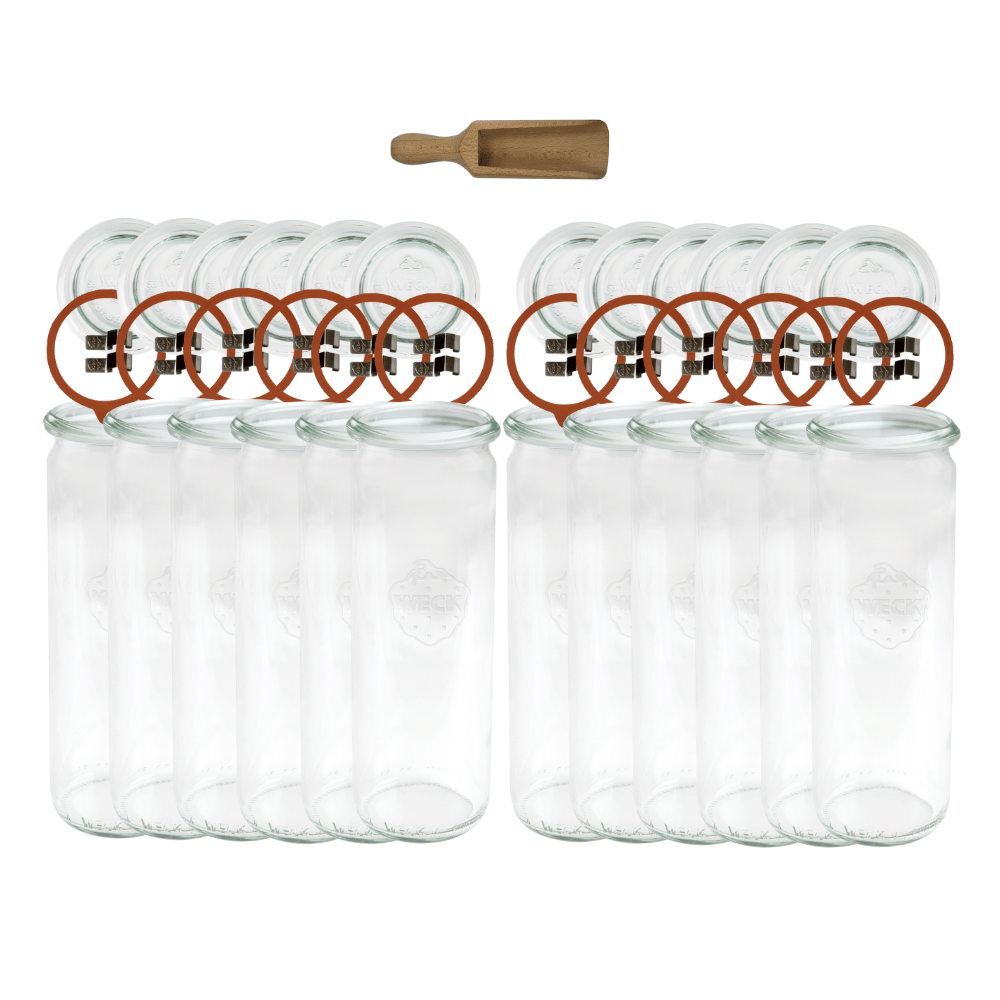 Słoiki Weck 600ml na sok CYLINDER żaroodporne miara spinki wieko gumka 12szt