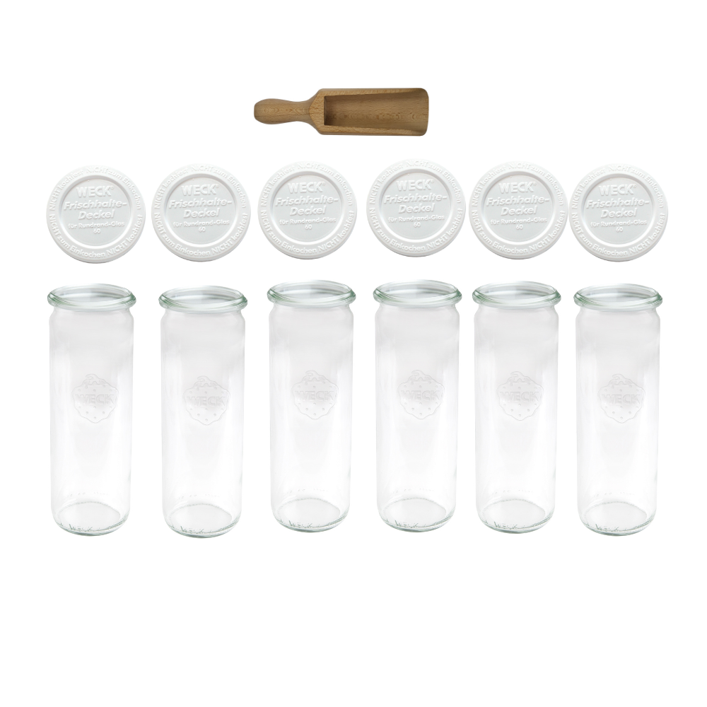 Słoiki Weck 600ml soki CYLINDER żaroodporne plastikowe wieka MIARKA 6szt