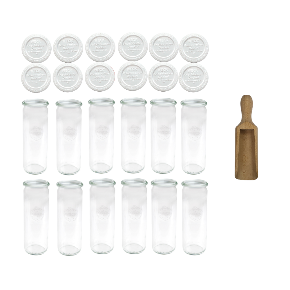 Słoiki Weck 600ml soki CYLINDER żaroodporne plastikowe wieka MIARKA 12szt