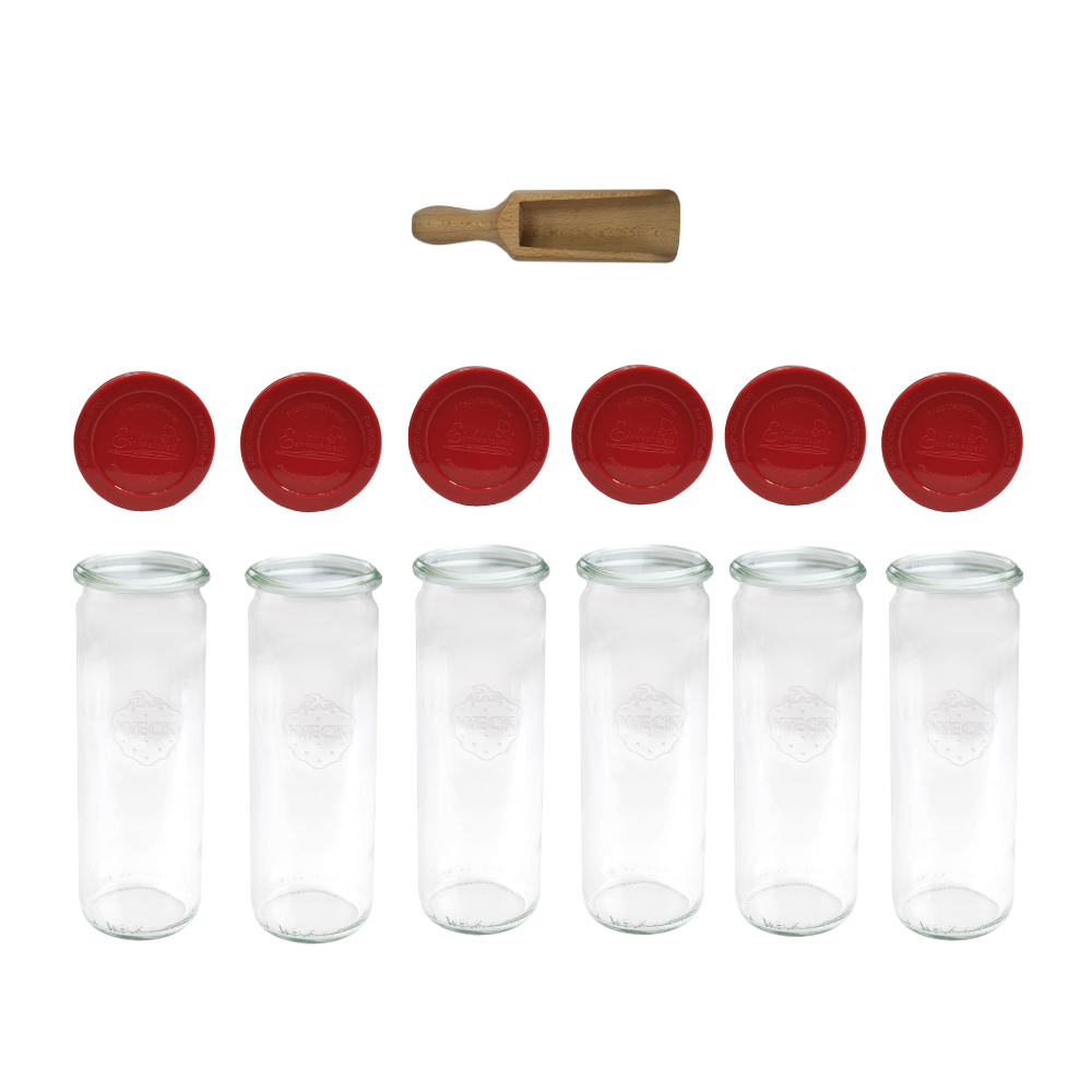 Słoiki Weck 600ml przetwory CYLINDER żaroodporne silikonowe wieko 6szt miarka