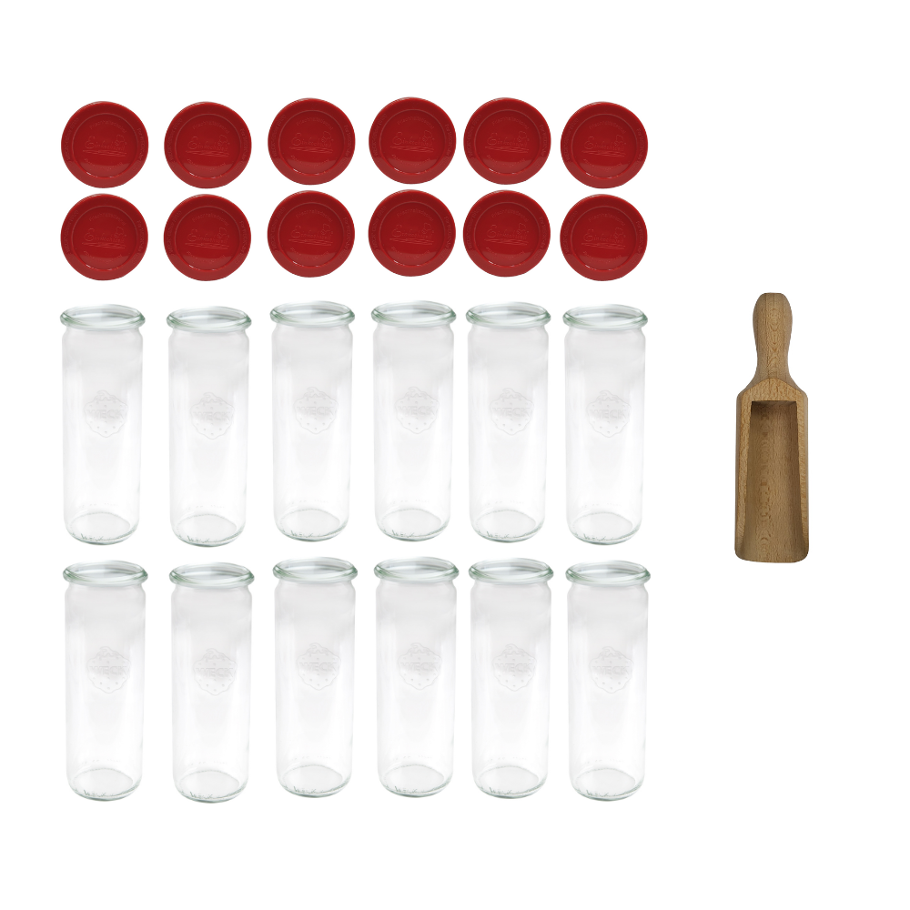 Słoiki Weck 600ml przetwory CYLINDER żaroodporne silikonowe wieko 12szt miarka