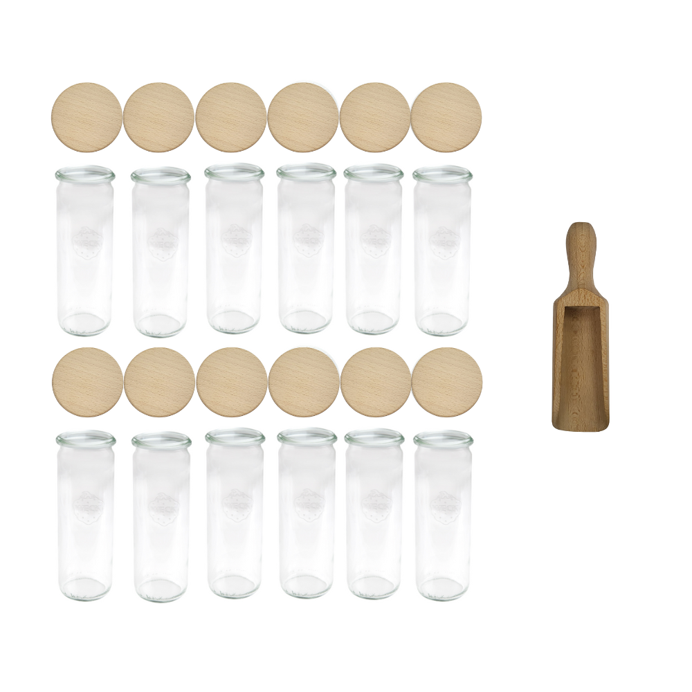 Słoiki Weck 600ml przetwory CYLINDER żaroodporne drewniane wieka 12szt miarka