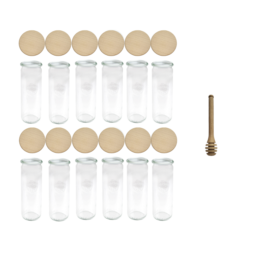 Słoiki Weck 600ml przetwory CYLINDER żaroodporne drewniane wieka 12szt nabierak