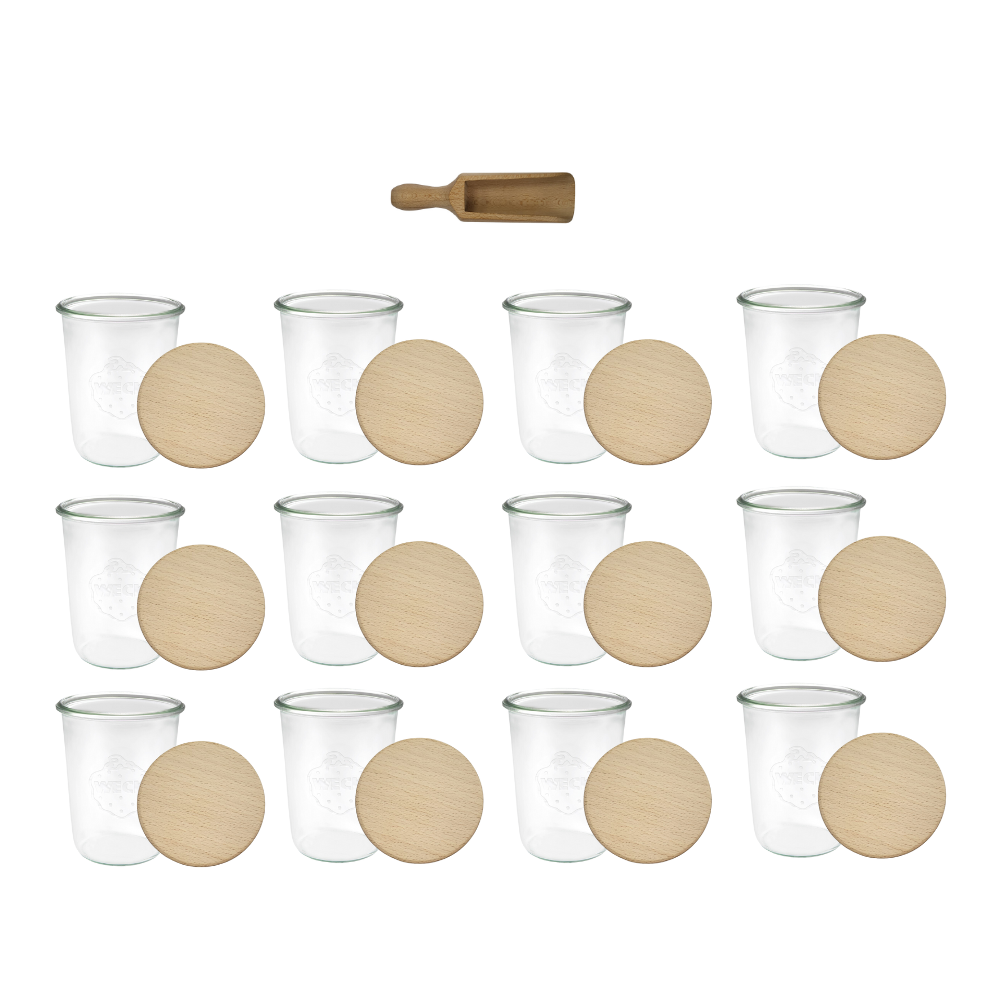 Słoiki Weck 850ml na cukier sól mąkę MOLD drewniane wieka 12szt miarka