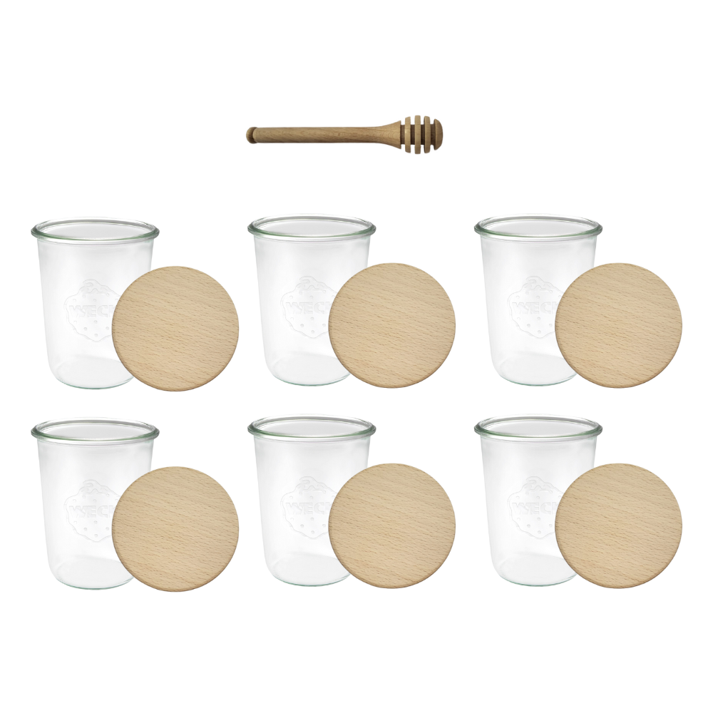 Słoiki Weck 850ml MOLD na miód dżemy drewniane wieka 6szt nabierak