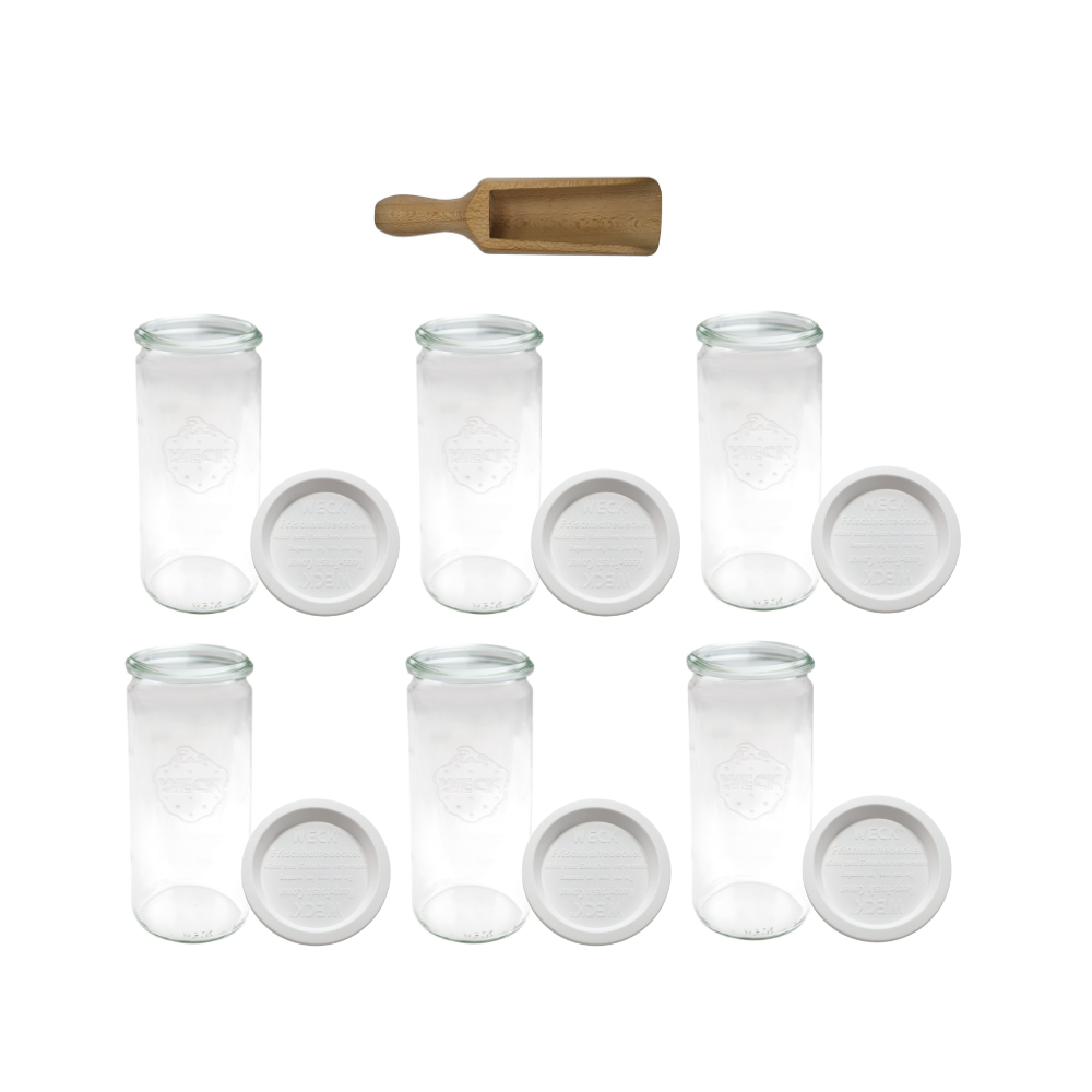 Słoiki Weck 1l CYLINDER mąka makaron plastikowe wieka MIARKA 6szt 1040ml