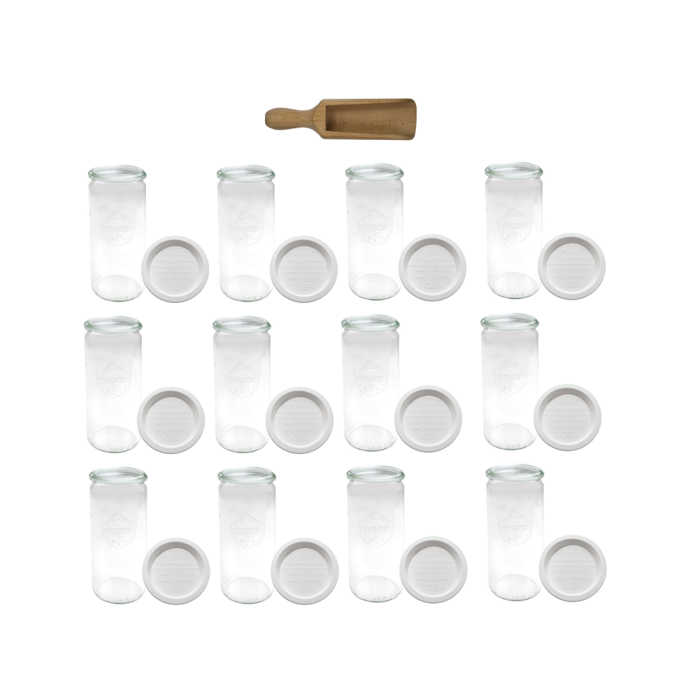 Słoiki Weck 1l CYLINDER sypkie produkty plastikowe wieka MIARKA 12szt 1040