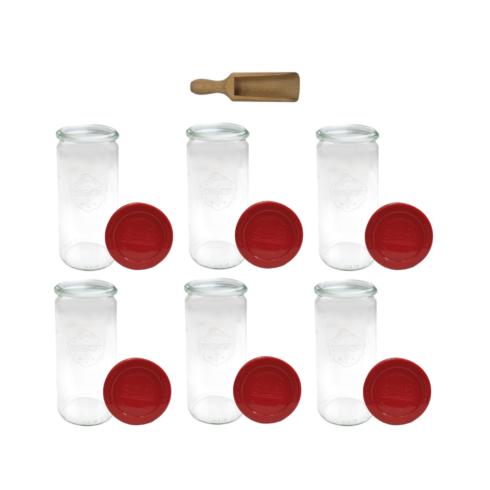 Słoiki Weck 1l płyny CYLINDER szczelne silikonowe wieko 6szt miarka 1040ml