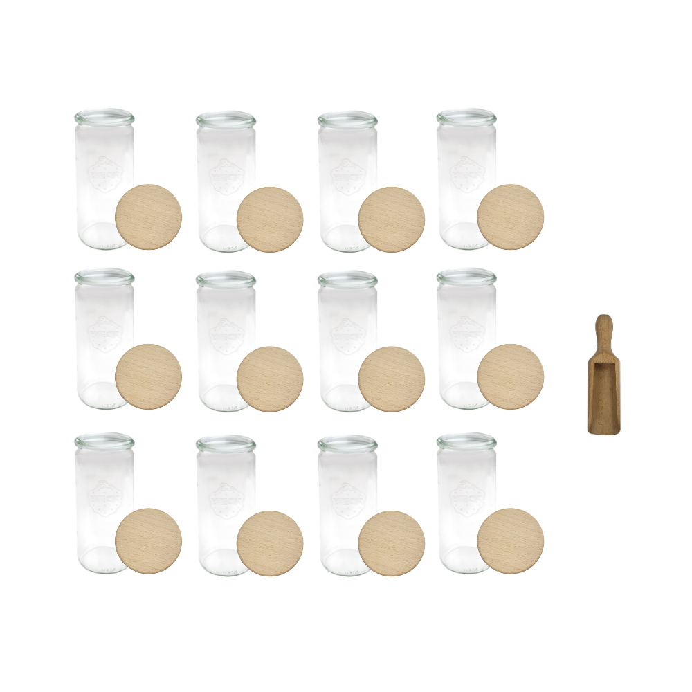 Słoiki Weck 1l 1040ml CYLINDER szczelne drewniane wieka 12szt miarka