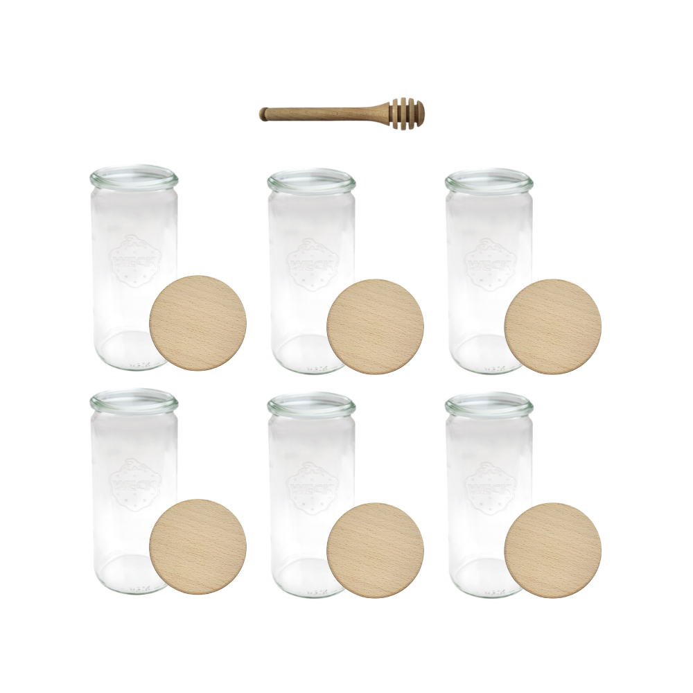 Słoiki Weck 1l 1040ml CYLINDER szczelne drewniane wieka 6szt nabierak