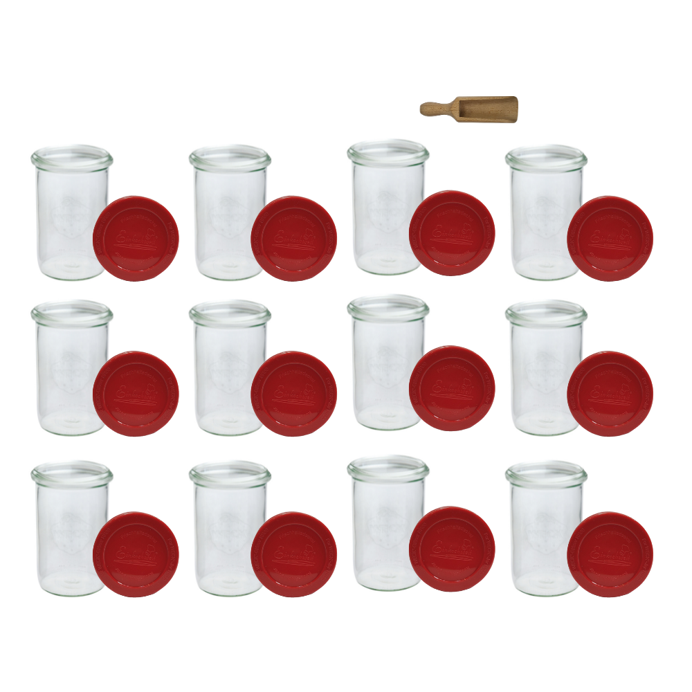 Słoiki Weck 1050ml 1l płyny MOLD szczelne silikonowe wieko 12szt miarka