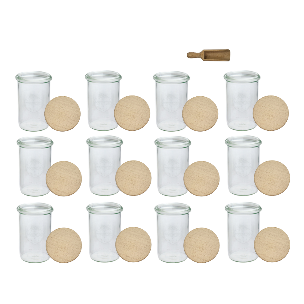 Słoiki Weck 1l 1050ml MOLD szczelne drewniane wieka 12szt miarka
