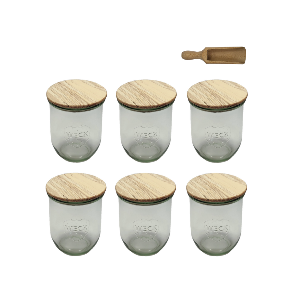 Słoiki Weck 1l 1062ml TULIP sypkie produkty wieka drewno 6szt miarka