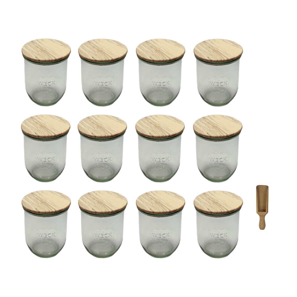 Słoiki Weck 1l 1062ml TULIP szczelne drewniane wieka 12szt miarka