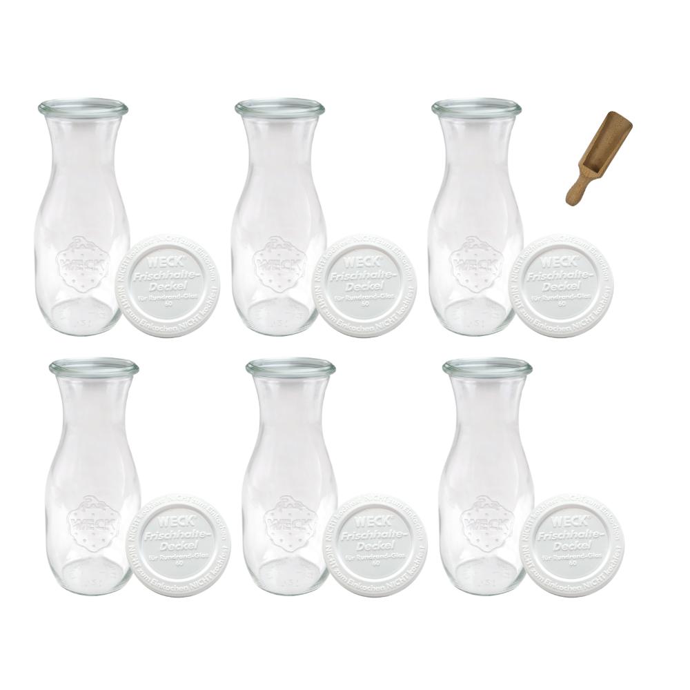 Karafki 1062ml Weck 1L plastikowe wieka MIARKA 6szt do wody wina soku