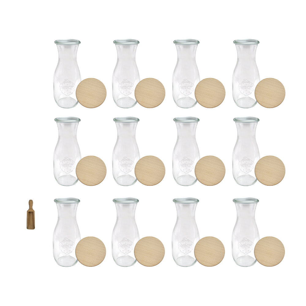 Karafki 1062ml Weck 1L szczelne drewniane wieka 12szt miarka