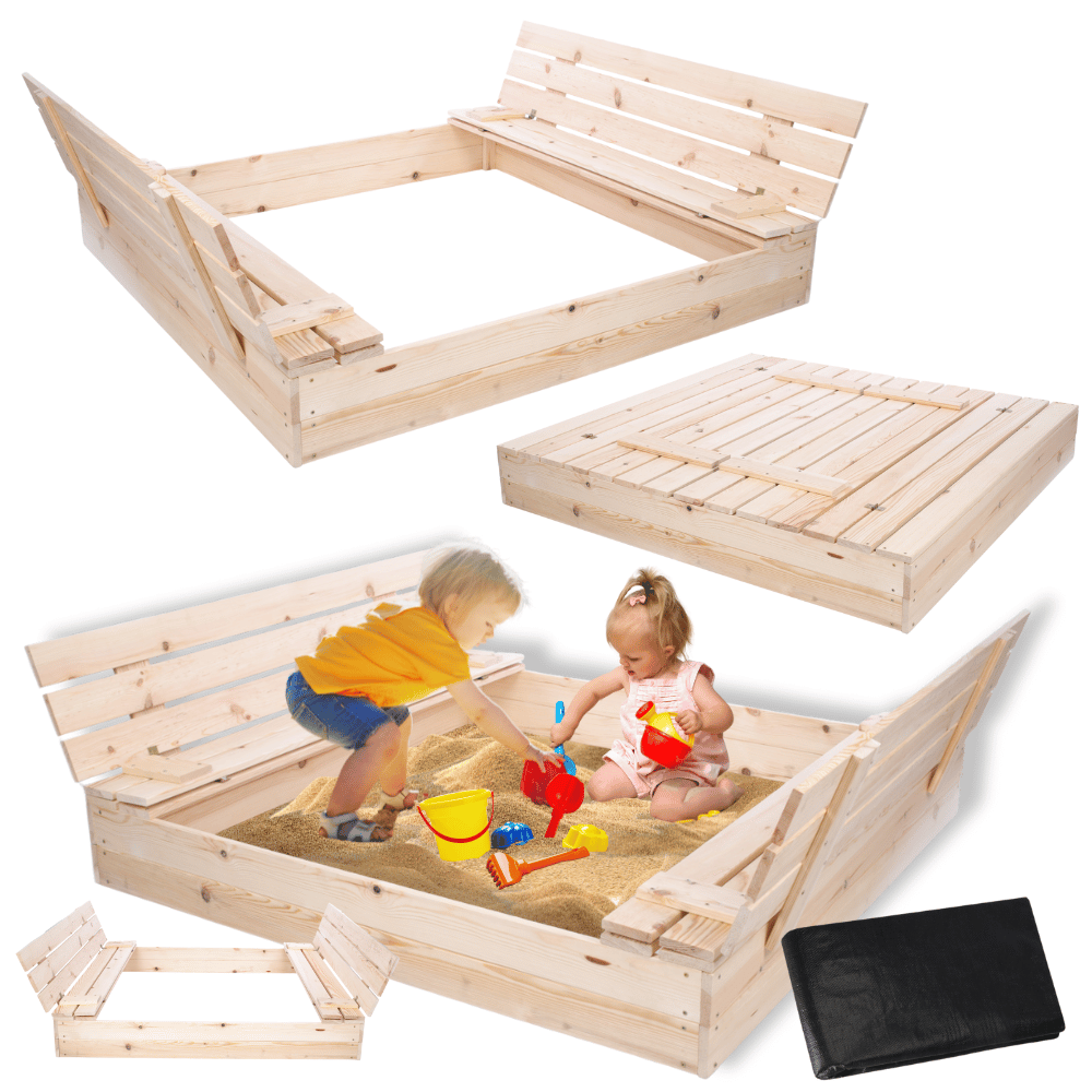 Piaskownica drewniana 140x140 z ławeczkami AGROWŁÓKNINA pokrywa oparcie